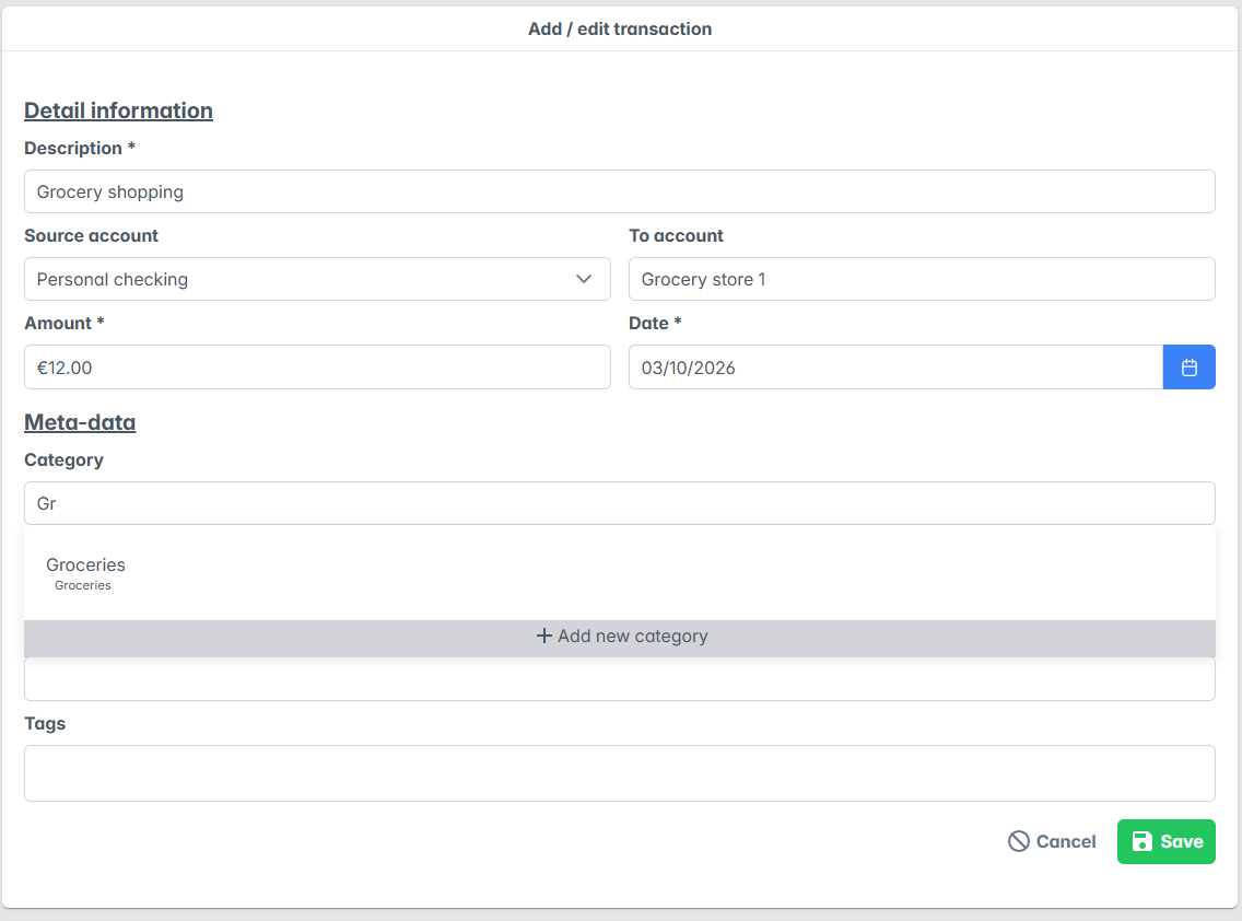The transaction create form