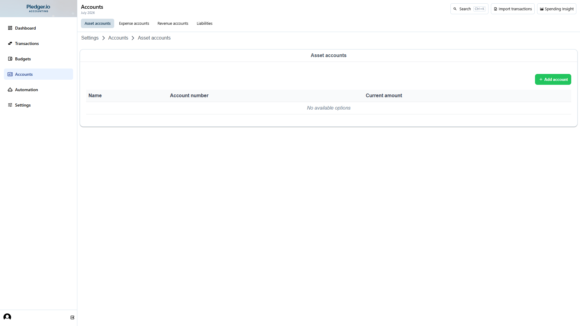 The account overview page