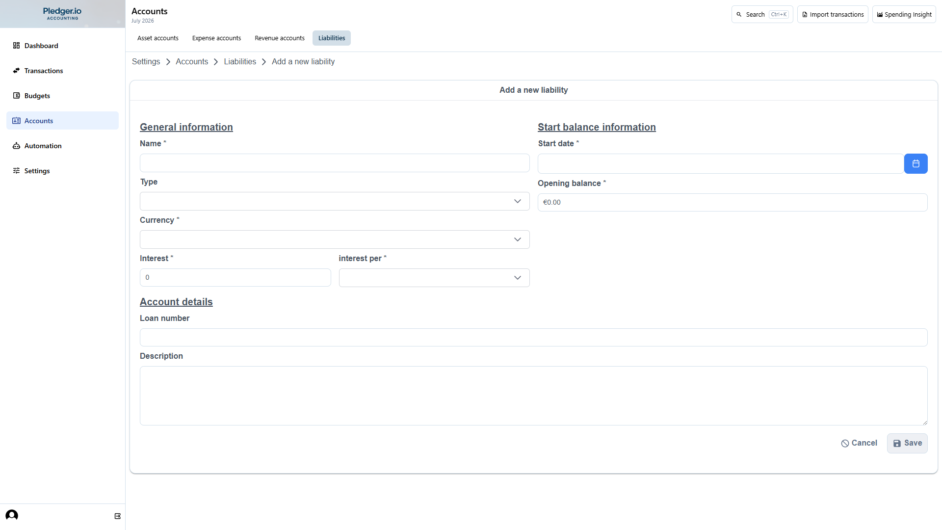 Create liability modal